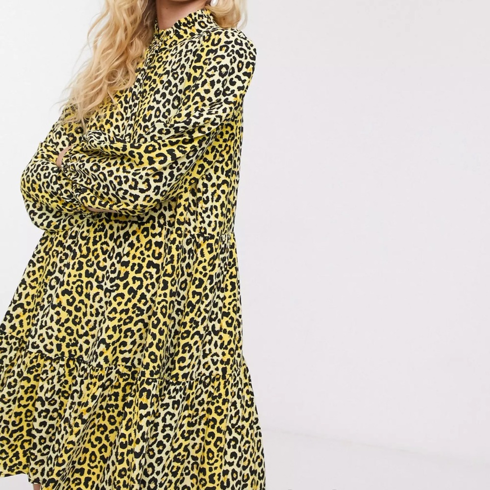 Notes Du Nord olivia leopard print mini shirt dress in lemon leopard